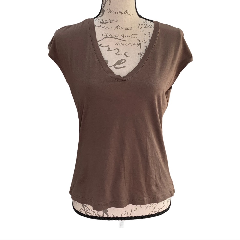 Premise Brown V-Neck Cap Sleeve Top Size Small